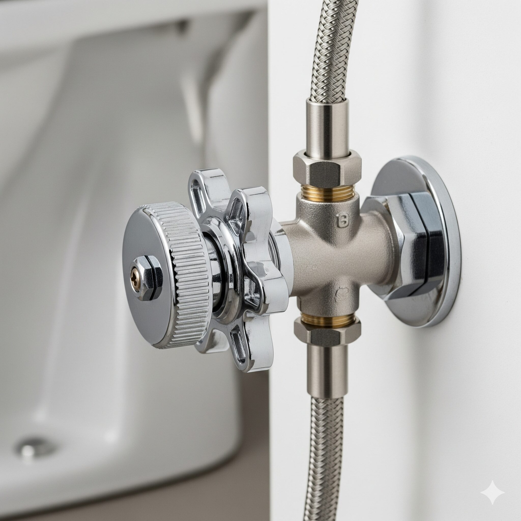 A multi-turn toilet shut-off valve with a round, grooved handle.