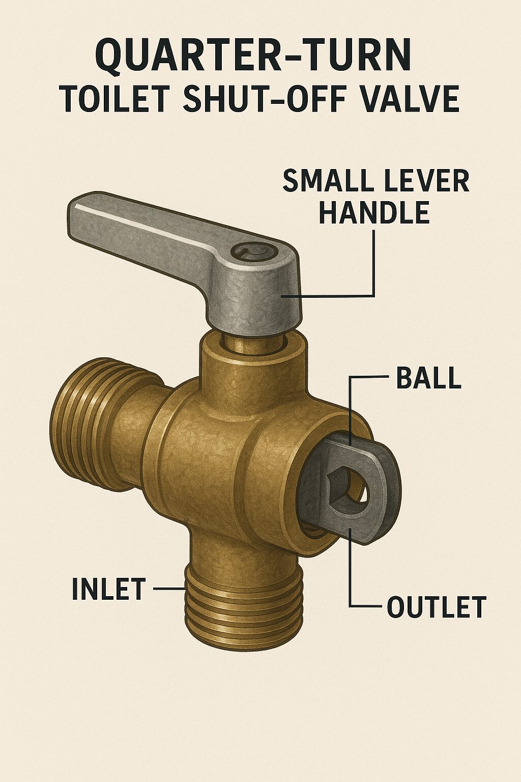 A quarter-turn toilet shut-off valve with a small lever handle.